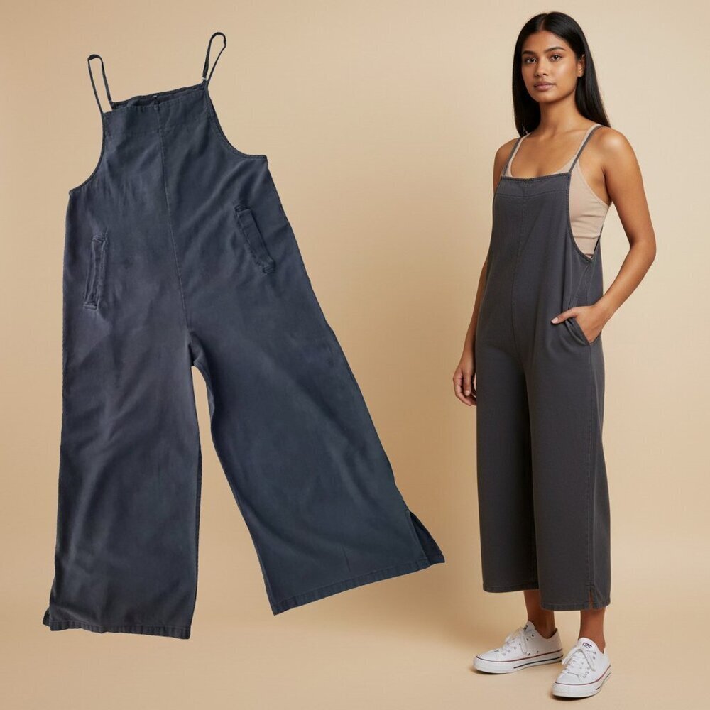 Lagenlook Lightweight Overalls Adjustable Cropped Charcoal Grey Size S/M